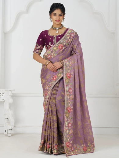 Fascinating Mauve Multi-Thread Work Viscose Silk Bridesmaid Saree